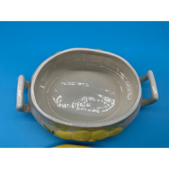 Arnels Mid-Century Yellow Ceramic Soup Tureen Floral Design with Lid 9" Long - Picture 5 of 10
